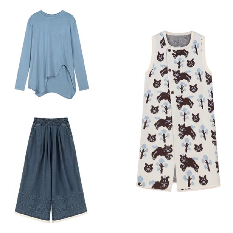 大码胖mm卡通猫咪马甲背心裙打底衫牛仔阔腿裤女秋冬显瘦三件套装