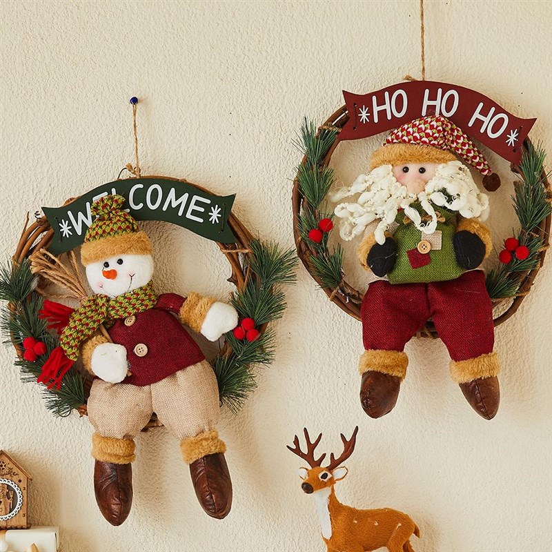 圣诞节装饰品原木藤圈花环圣诞老人雪人门挂墙面挂件场景布置道具