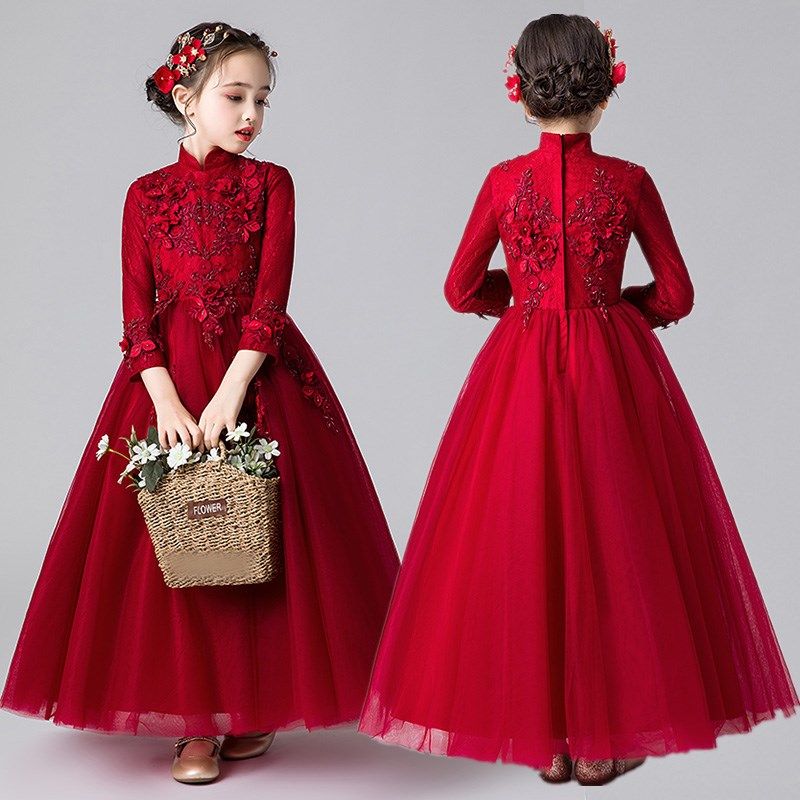 女童礼服主持人生日钢琴公主裙花童婚纱儿童红色气质演出服秋冬季