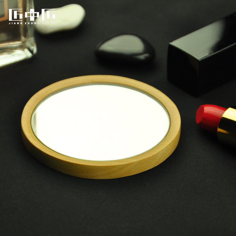 匠中匠小镜子天然檀木实木简约随身镜化妆镜便携单面小圆镜可刻字