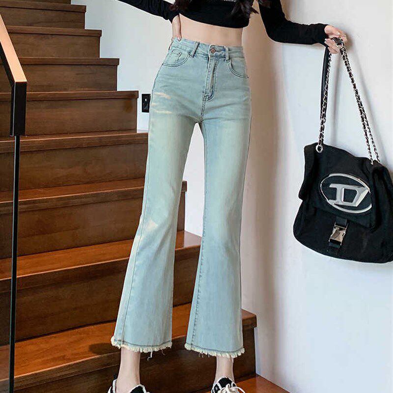 浅色毛边微喇叭牛仔裤女春季2024新款高腰小个子显高显瘦九分裤子