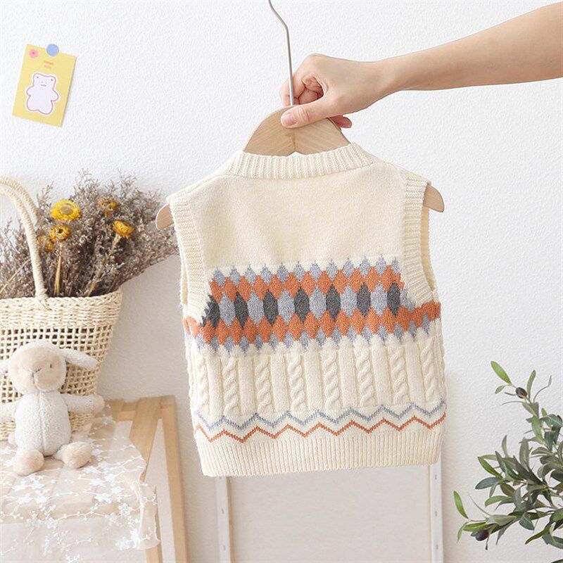 男童毛衣马甲开衫背心儿童复古V领提花毛线衣宝宝马夹婴儿针织衫