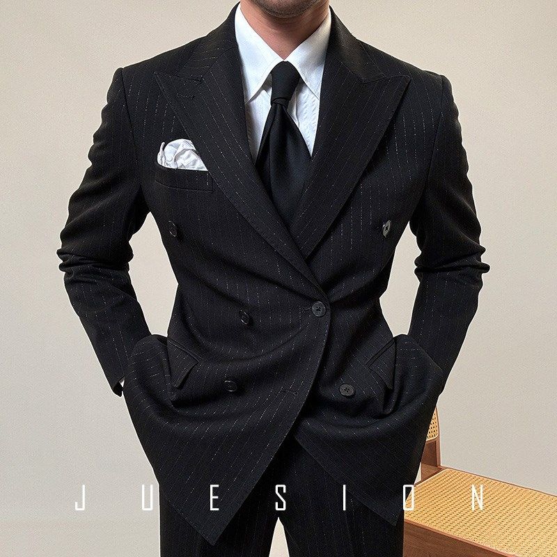 JUESION 意式双排扣西服套装男士戗驳领那不勒斯休闲西装结婚单西