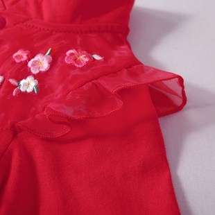 宝然婴儿汉服连体衣女宝宝夏季长袖薄款公主满月周岁红色礼服5182