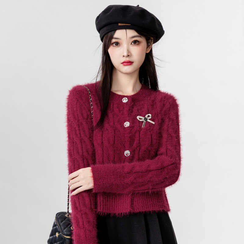 黑色短款马海毛毛衣外套女2024秋冬季新款圆领水貂毛针织开衫上衣