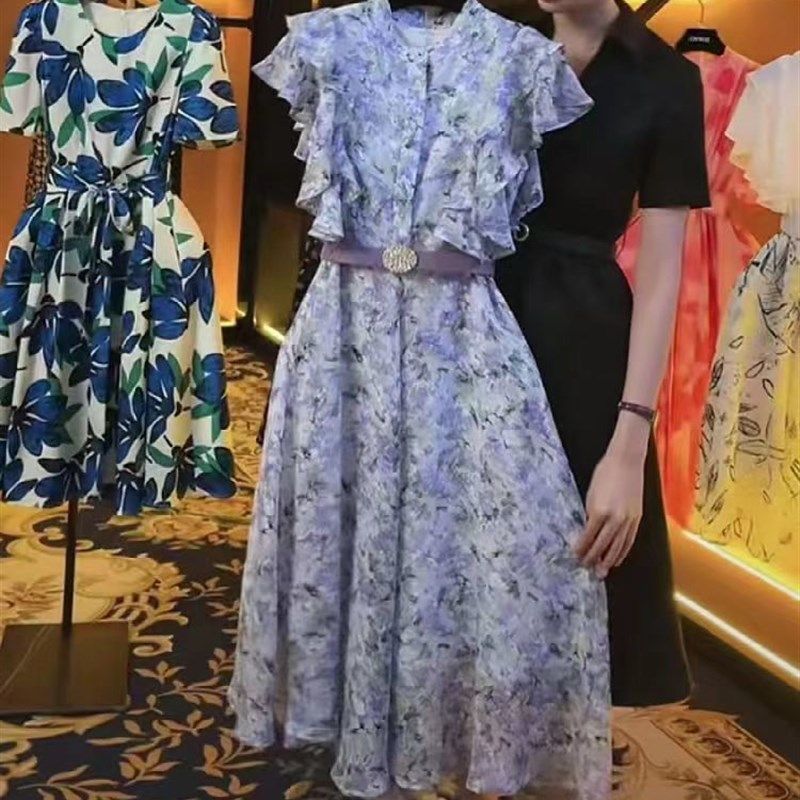 高级感紫色雪纺碎花蝴蝶结系带连衣裙夏季女装新款仙女气质长裙子