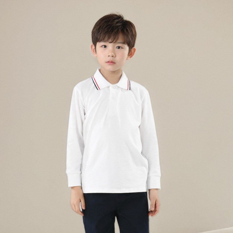 儿童白色polo衫长袖男童女童纯棉春秋中大童小学生校服翻领T恤衫