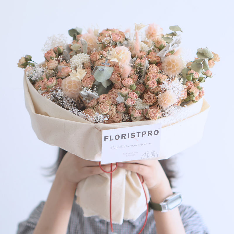 粉色多头玫瑰天然干花生日周年纪念教师节祝福混搭成品高端花束