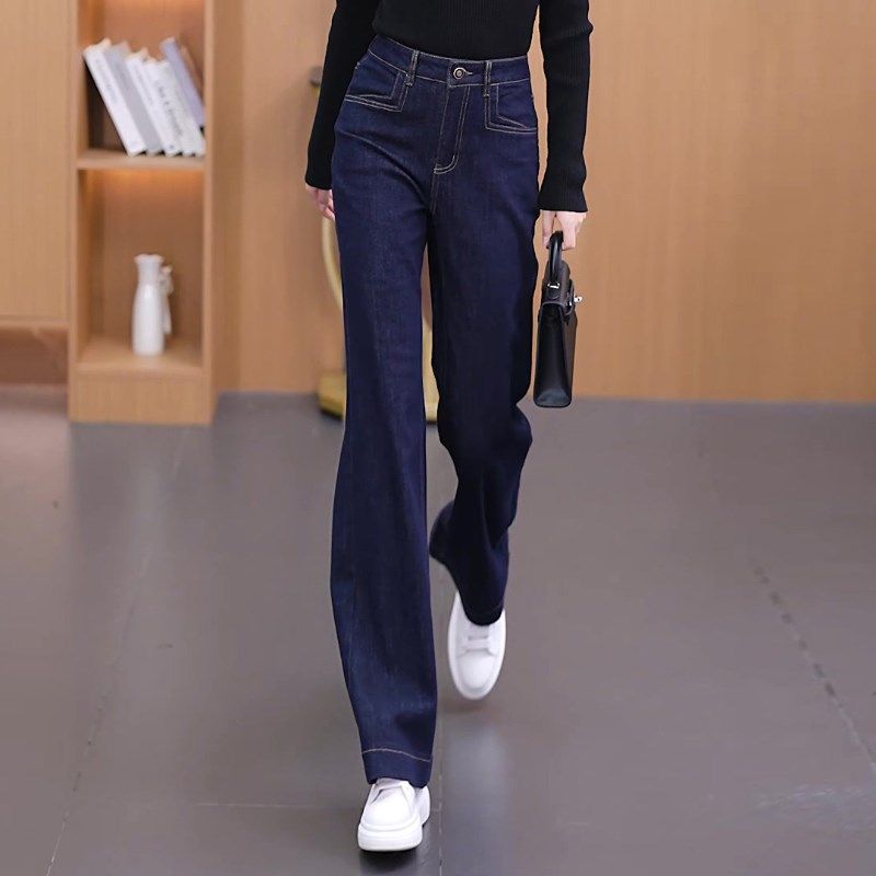 深蓝色直筒加绒牛仔裤女秋冬加厚2024年新款高腰窄版阔腿女裤冬季