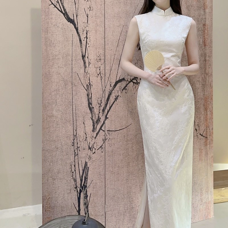 踏雪 白色真丝提花长款无袖改良旗袍修身气质连衣裙夏季女