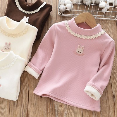 加绒女童弹力打底衫儿童加厚半高领一体绒保暖上衣中大童女孩冬款