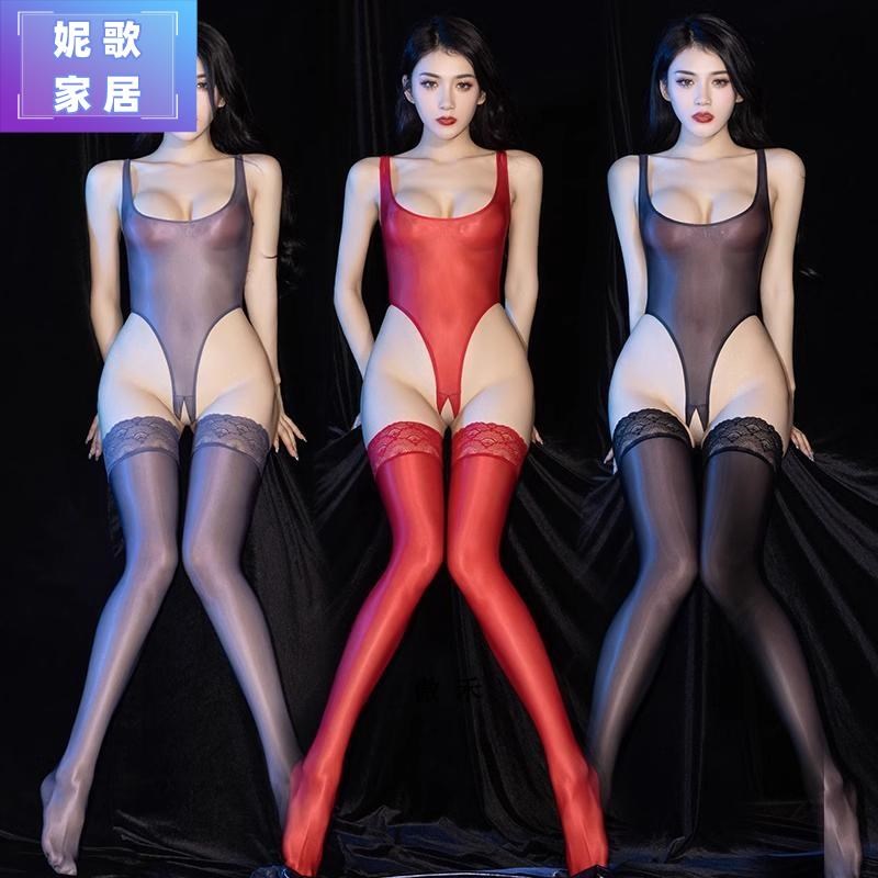 高光油亮女士紧身衣顺滑高弹丝裤水高叉连体泳衣塑身开档性感