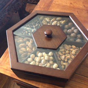 实木分格双层带盖点心盒子创意瓜子零食坚果盒客厅家用果盘干果盒