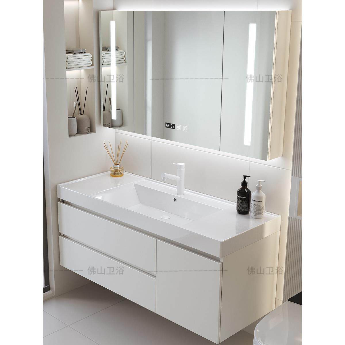 防水304不锈钢智能浴室柜组合超大水池陶瓷一体盆洗手洗脸面盆柜