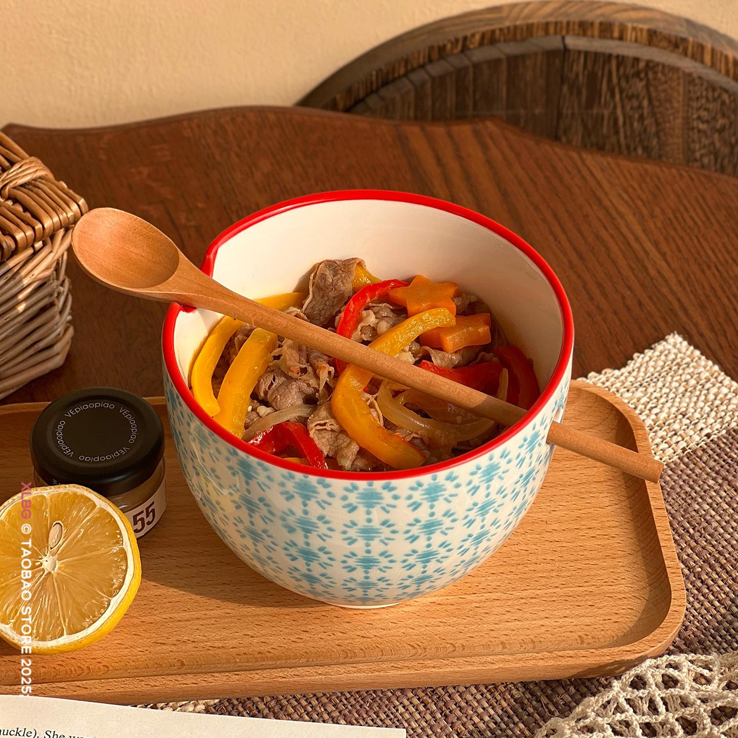 日式蓝色小花筷子碗一人食餐具家用带孔泡面碗陶瓷简约高颜值饭碗