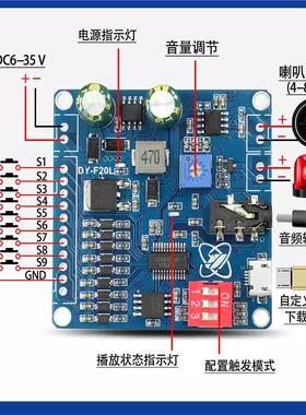 12V24V10W20W语音MP3播放器模块一对一触发自定义音频32M存储F20L