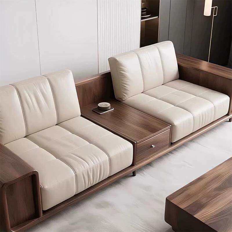 新中式实木沙发2025新款宋氏美学客厅直排三人位黑胡桃木真皮沙发