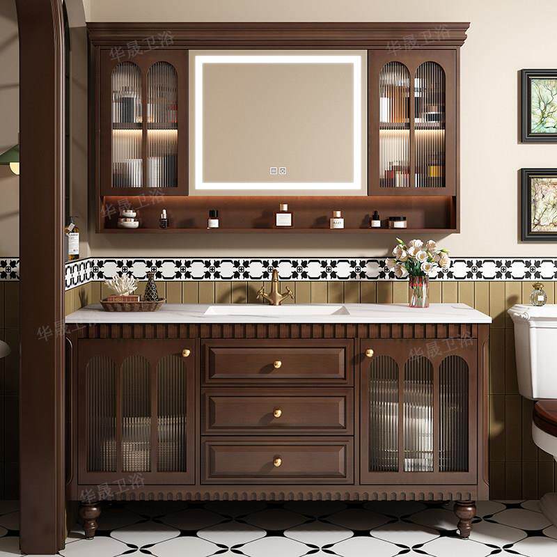 美式复古橡木浴室柜组合陶瓷一体盆智能卫浴柜落地式洗手盆洗漱台