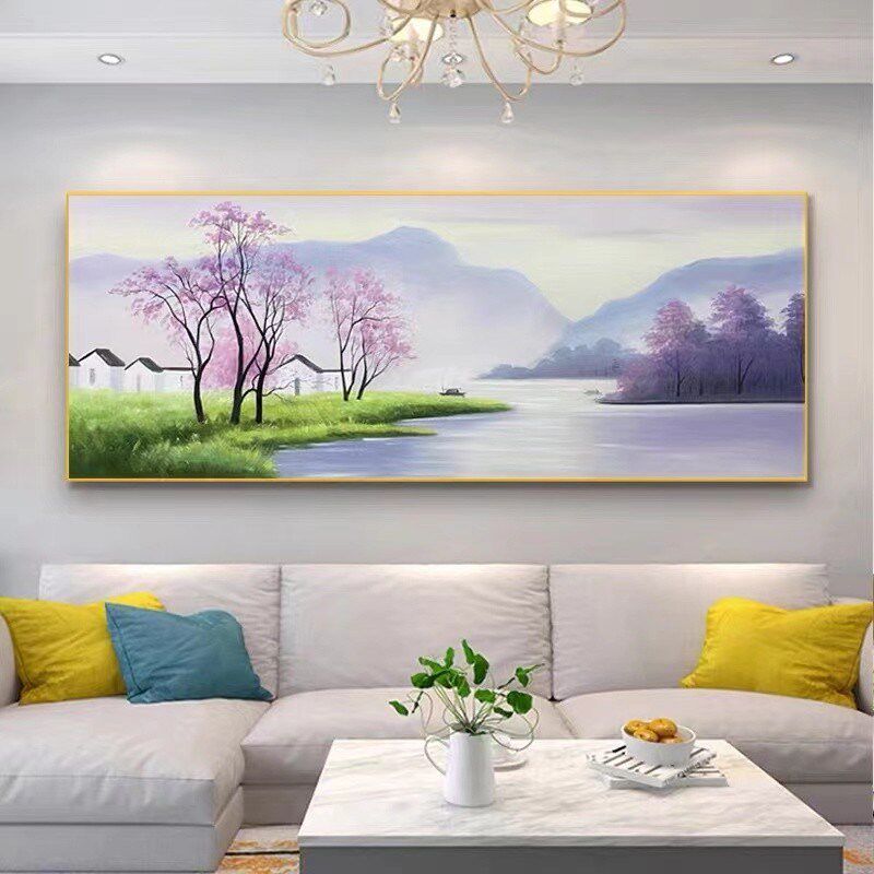 手绘油画江南水乡风景客厅沙发背景墙现代饰画横卧室挂画