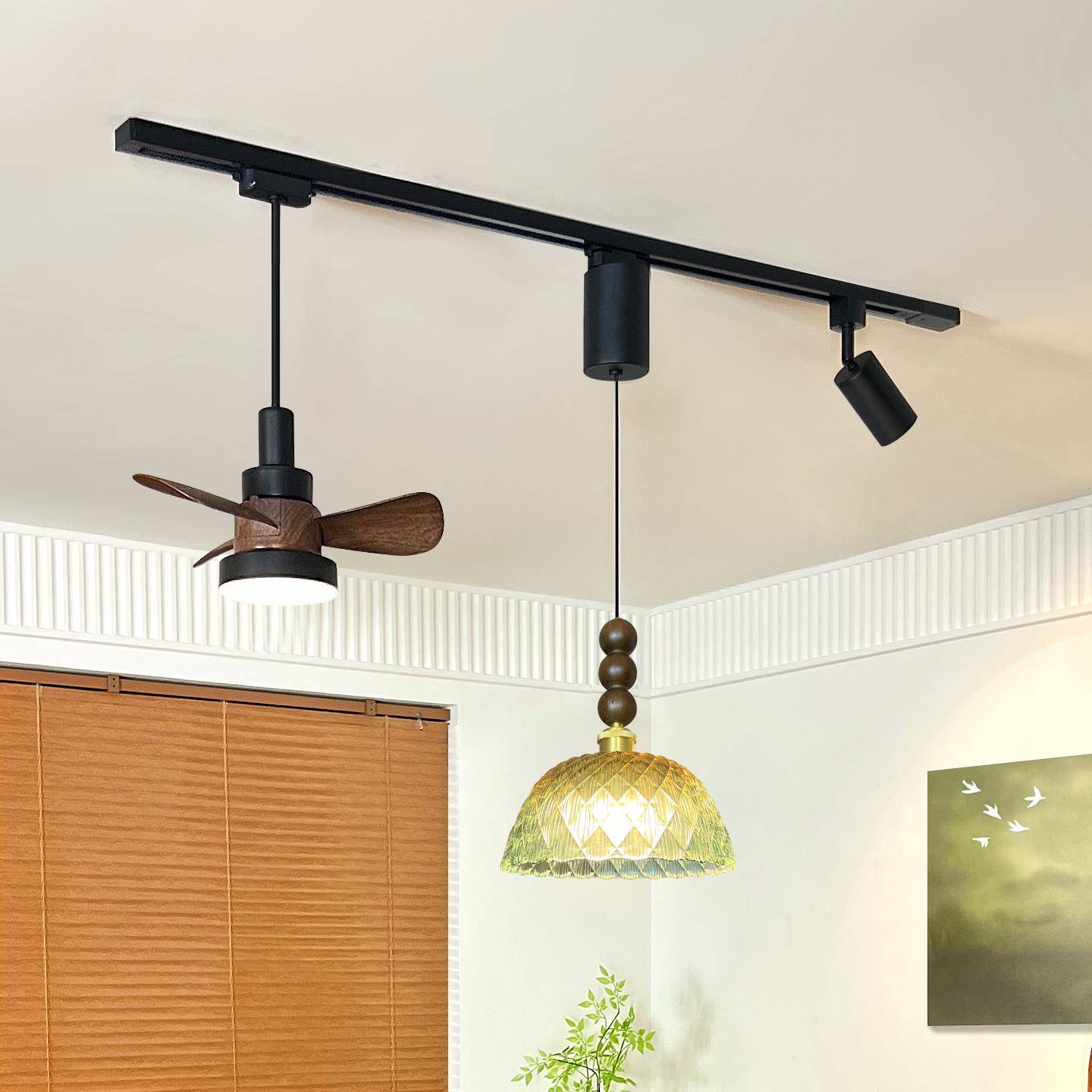 法式中古风餐厅吊灯餐桌岛台吧台可移位悬停轨道风扇复古玻璃灯具