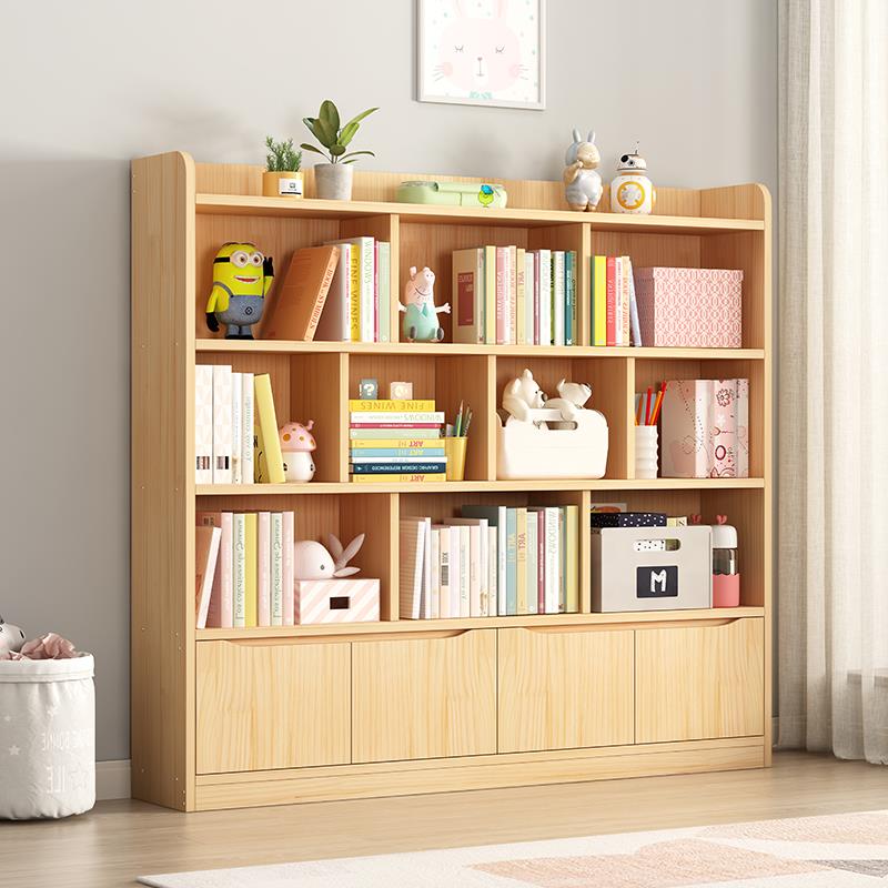 儿童松木书架矮柜置物书柜学生收纳柜实木落地家用原木格子柜储物