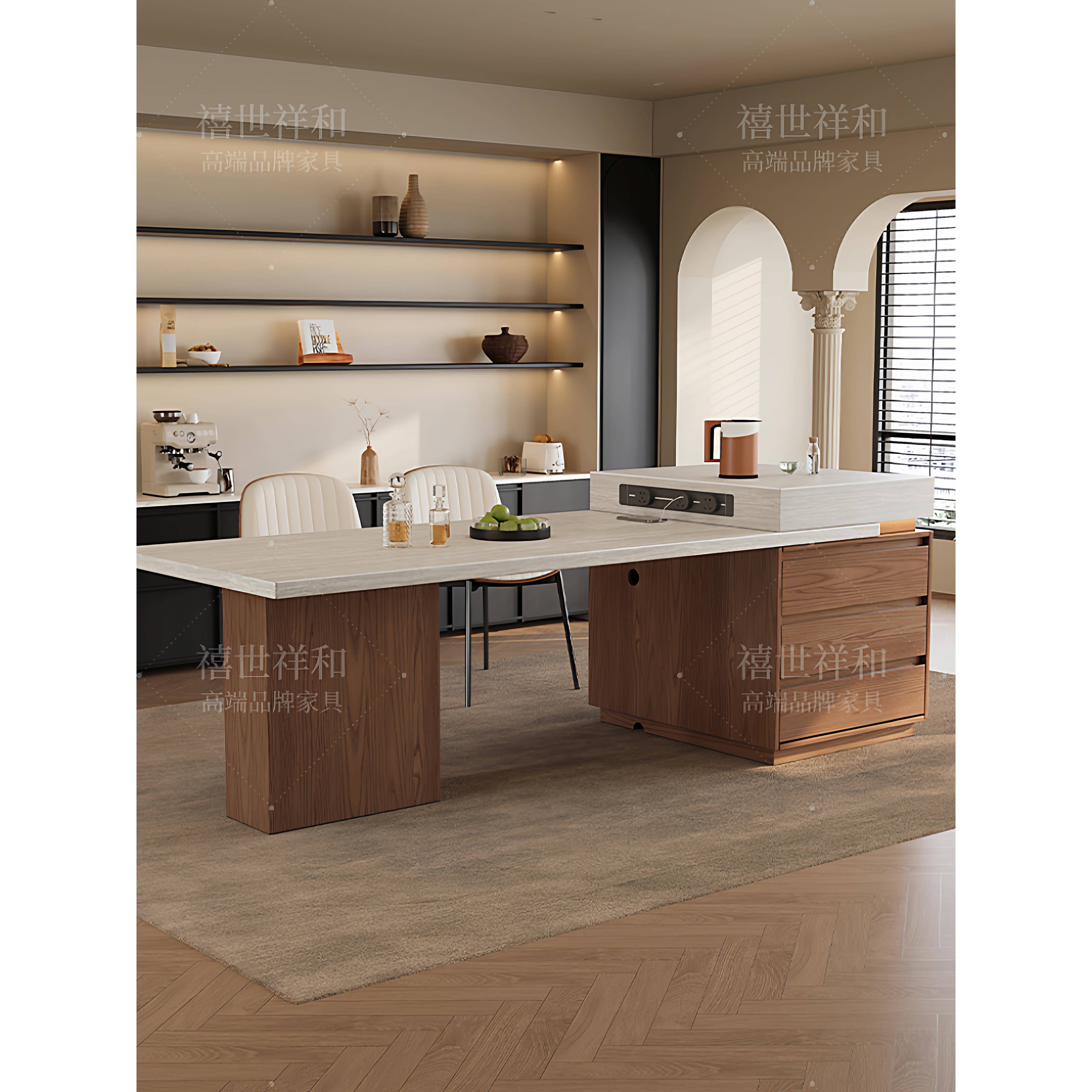 中古风下挂岩板岛台餐桌一体可伸缩家用胡桃色开放厨房餐厅中岛台