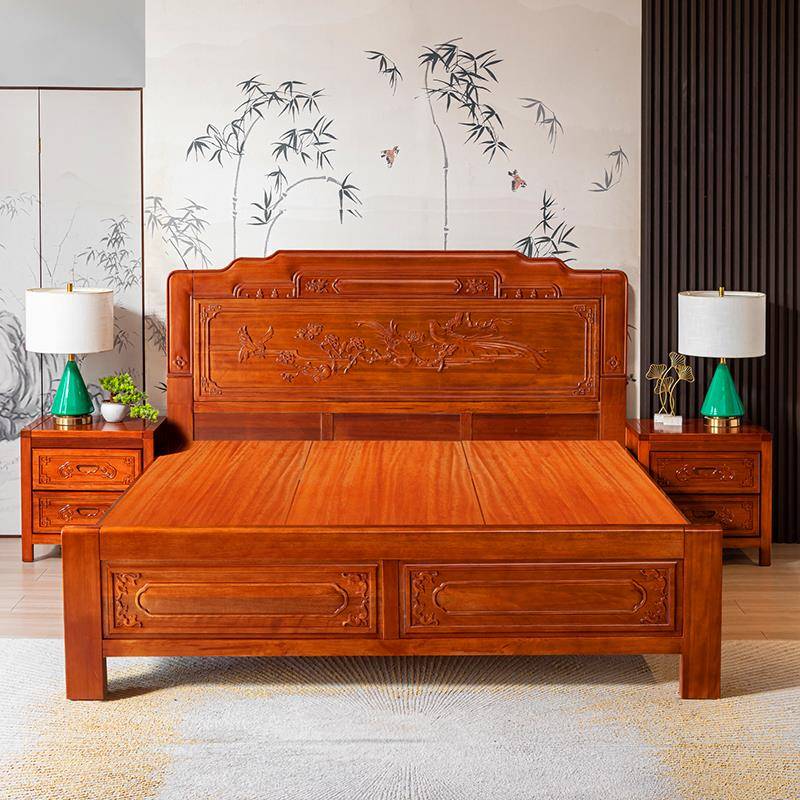 金花梨木全实木床中式榫卯结构1米8红木双人加厚彷古雕花主卧大床