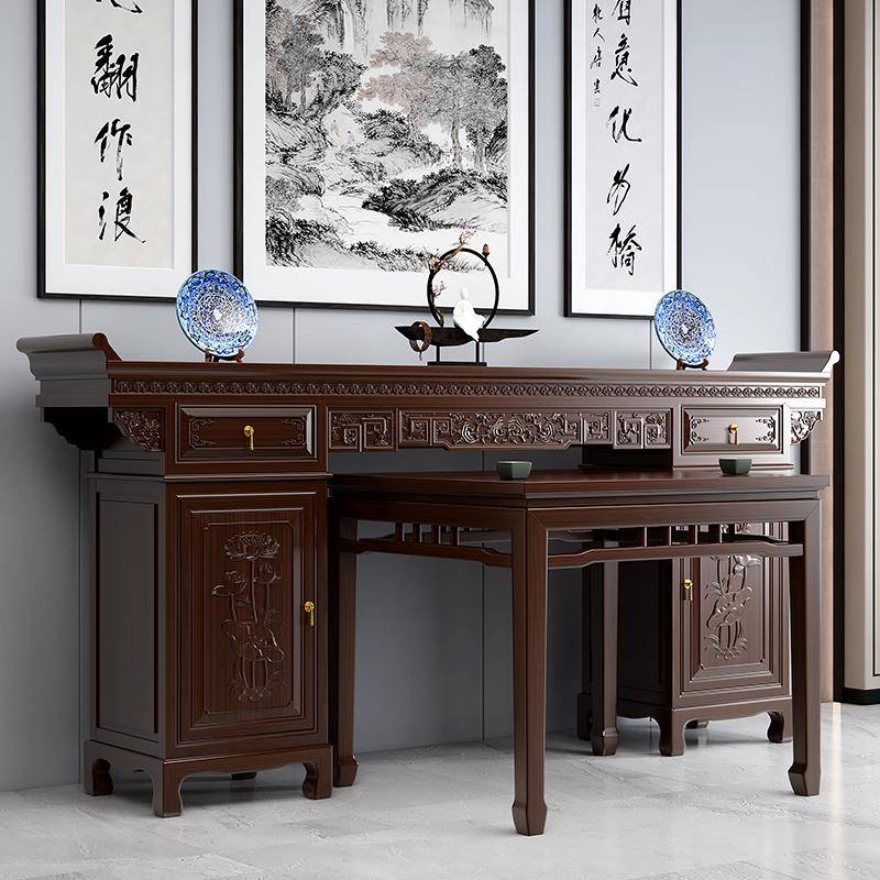 全实木中堂六件套中式神台堂屋家具仿红木雕花高档供桌条案翘头桌