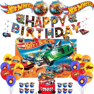风火轮小汽车生日快乐装饰男孩生日Hot Wheels拉旗气球蛋糕插套装