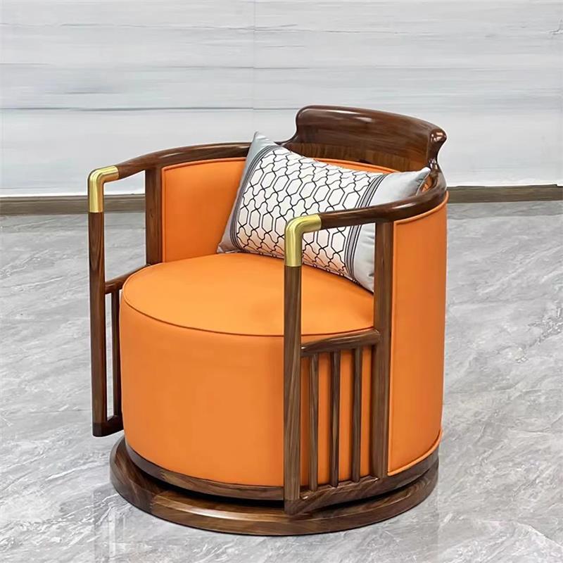 新中式家具乌金木单人沙发椅全实木真皮圈椅客厅三件套休闲转转椅