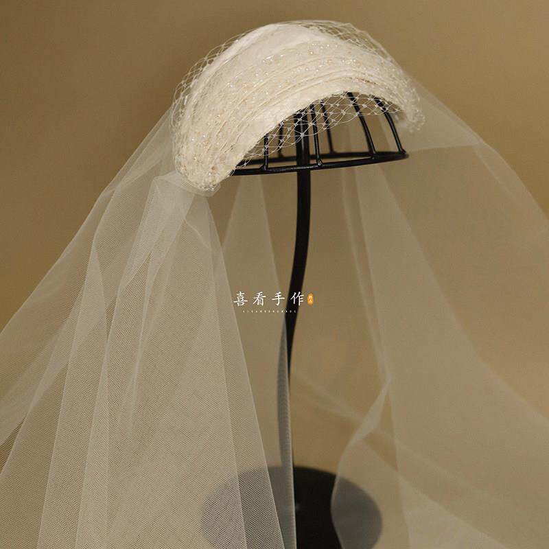 原创手工香槟缎面刺绣串珠头带面纱新娘婚礼覆古法国婚纱配件