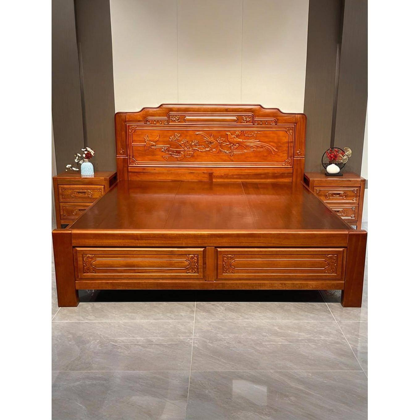 政府补贴金花梨木实木床2米x2米2全实木榫卯结构雕花1.8米双人床Z