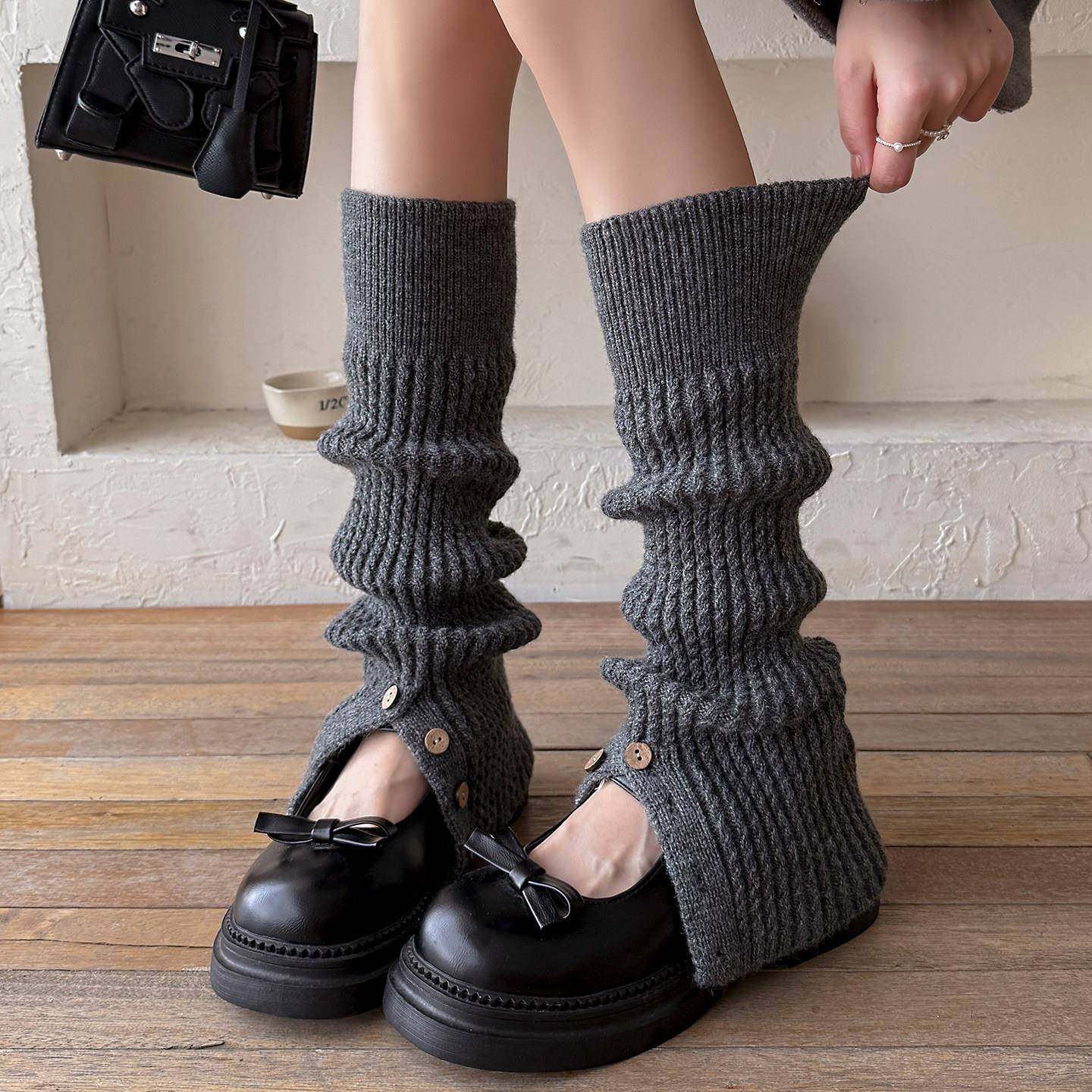 灰色针织袜套袜子女秋冬款加厚保暖小腿袜配雪地靴纽扣开叉堆堆袜,女士内衣/男士内衣/家居服,长筒袜,淘宝优惠券,粉丝福利购,淘宝优惠卷