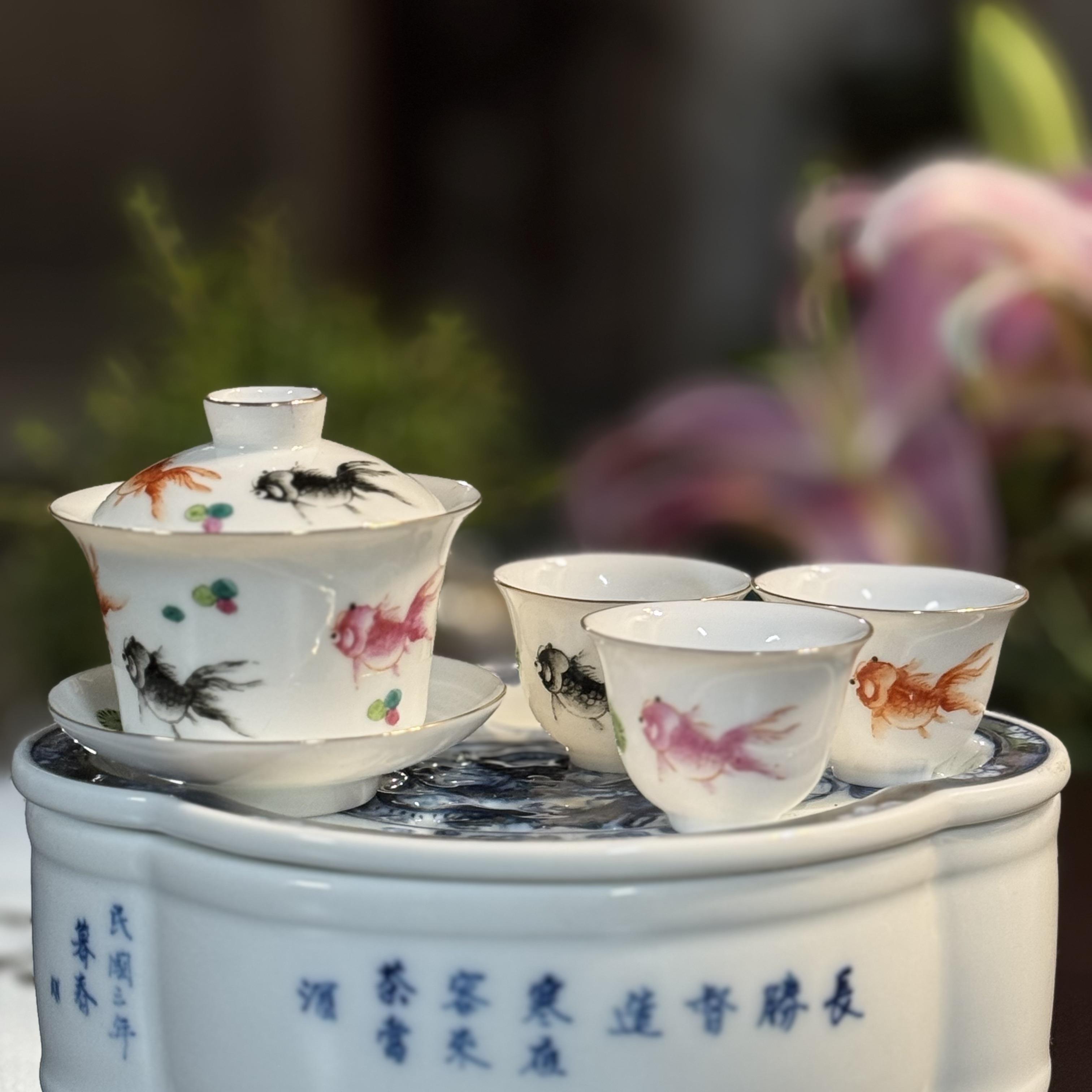 香茶庄枫定制三色鱼三条鱼不正原装潮州溪龙窑釉上彩纯手功绘夫茶