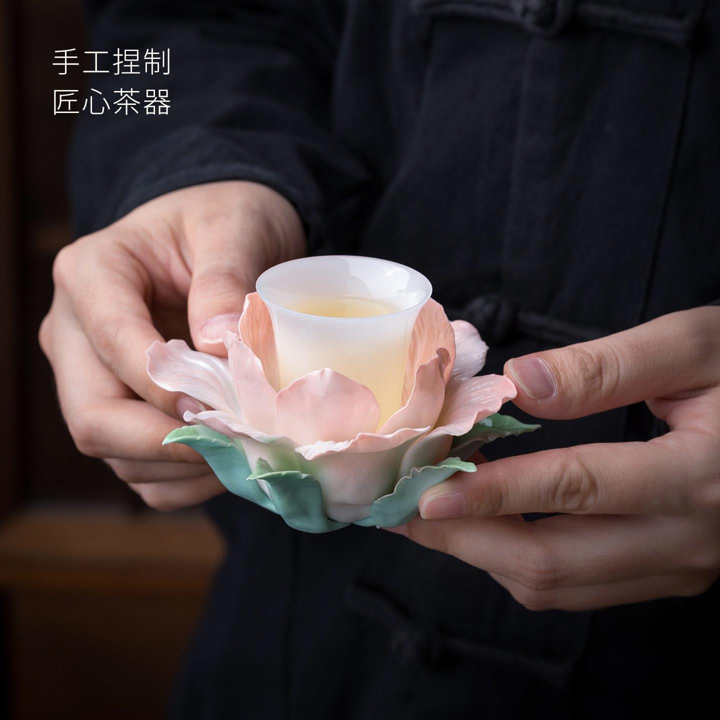 妙莲天香非遗手工陶瓷花茶A06-168A杯垫轻奢高档中新式陶瓷茶托茶