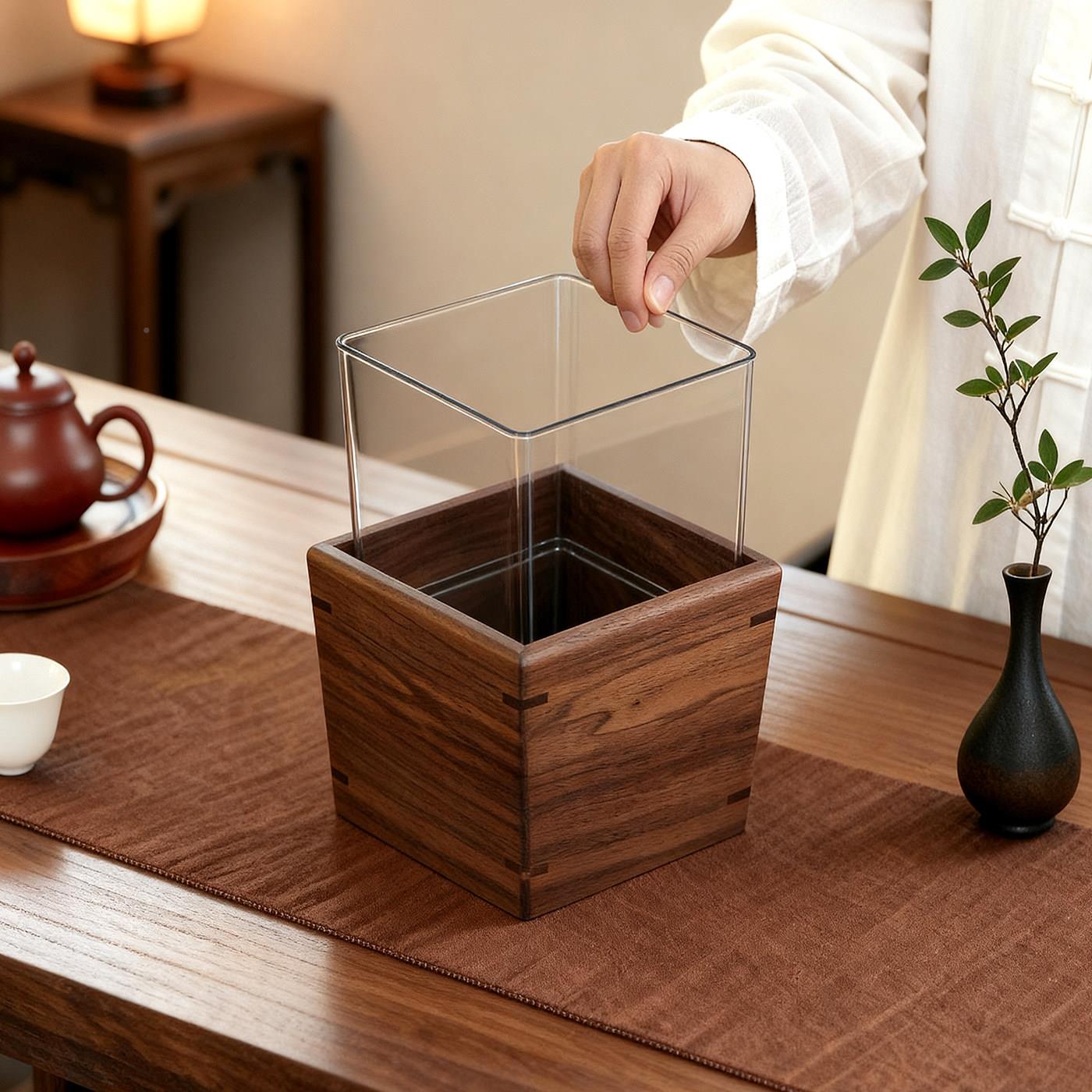 北美黑胡桃木桌面垃圾家用厨桶房客厅茶新桌中木式小号迷你纸篓质