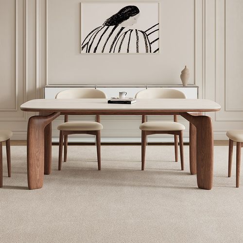 德利丰实木岩板餐桌家用中古风高端全托小户型长方形书桌吃饭桌子