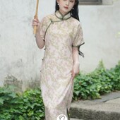 旗袍 全开襟旗袍复古民国风可以穿着上班 花开栀夏 曳地长款