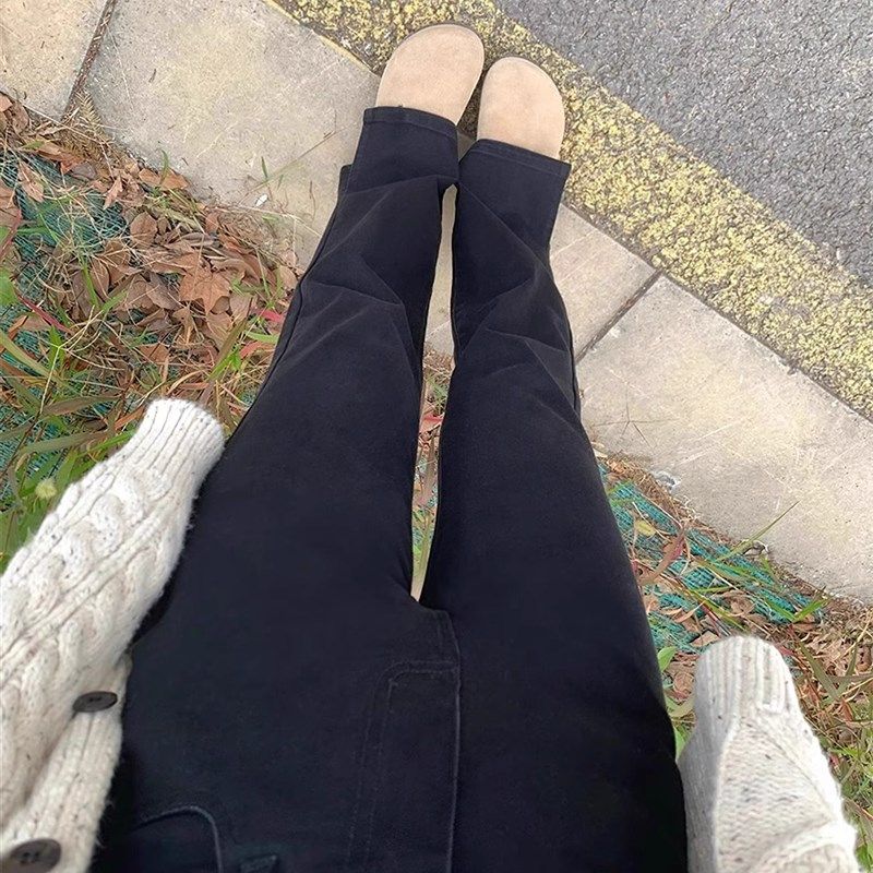 黑色微喇开叉牛仔裤女秋冬加绒胖妹妹mm梨形身材高腰显瘦直筒长裤