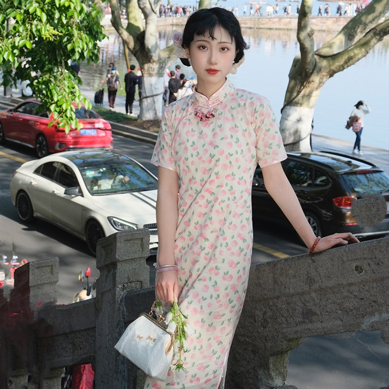 南舟记【桃子】水果系列全开襟无省平裁单层曳地少女国风古法旗袍