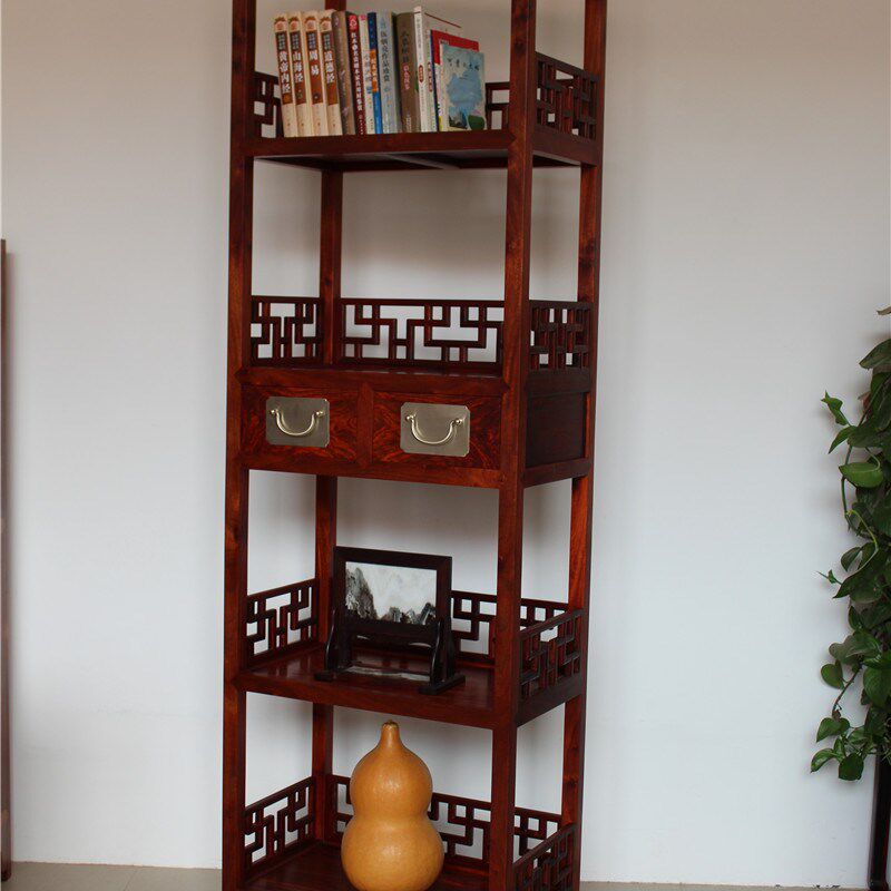 明式万字格书架收纳架赞比亚血檀博古架多宝阁带抽屉小书架