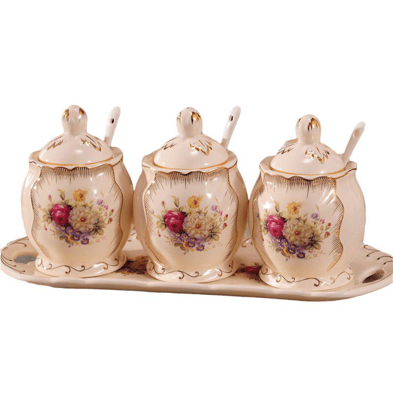 创意陶瓷轻奢调味罐盒瓶欧式调料罐瓶盒味精糖盐罐厨房用品带托盘