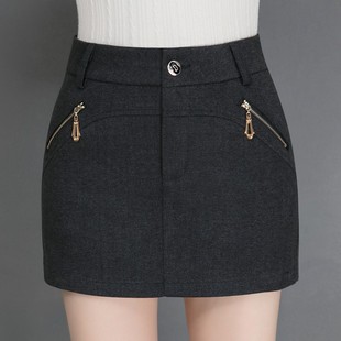 秋冬毛呢短裤女假两件短裙裤妈妈外穿大码显瘦呢子短裤包臀靴裤裙