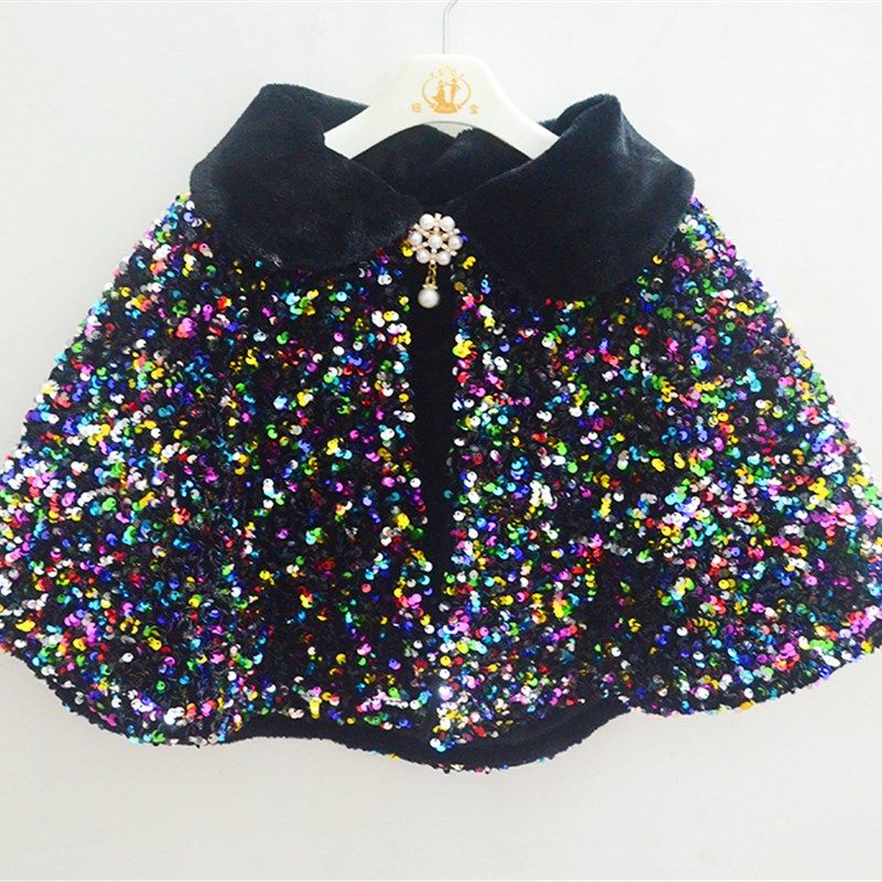 儿童加绒加厚披风秋冬新款礼服黑色表演斗篷女童披肩亮片演出外搭