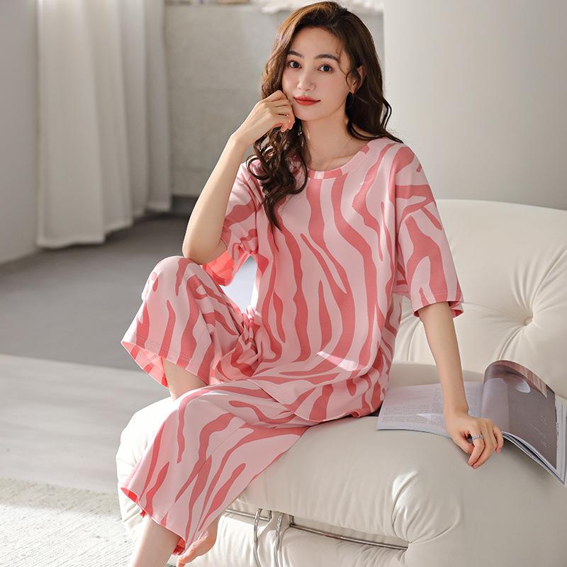 睡衣女士夏季纯棉薄款短袖七分裤大码夏天女款条纹家居服休闲套装
