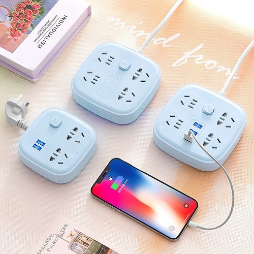 多功能蓝色排插带usb插座面板家用多孔学生宿舍接线板分插器插板