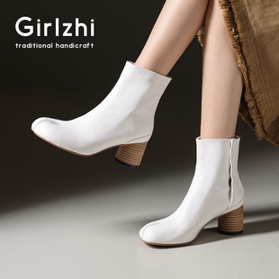GIRLZHI水洗马皮高跟瘦瘦靴女猪蹄靴粗跟单靴软皮分趾靴显瘦短靴
