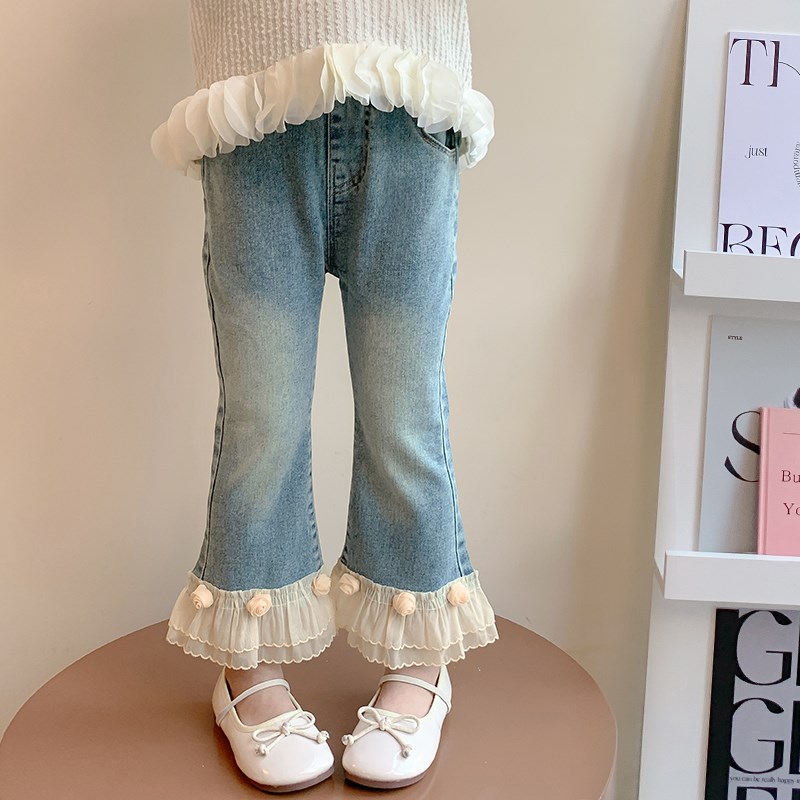女童裤子2024春季新款女孩夏装喇叭牛仔裤春秋款洋气儿童春装长裤