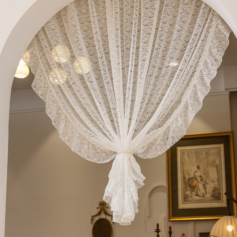 免打孔魔术贴法式复古蕾丝门帘窗帘窗纱帘客厅阳台飘窗短帘隔断帘