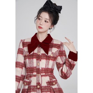法式甜美红色格子长袖连衣裙女冬季气质加厚富家千金呢子新年裙子